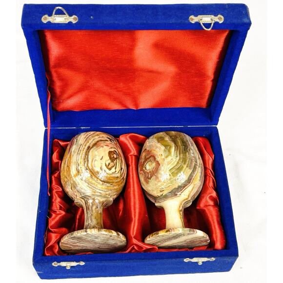 2 Swirly Marble Onyx Stone Goblets In Satin Lined Velvet Box Made in Pakistan - Picture 3 of 7